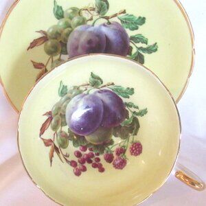 Regency Tea Cup and Saucer, Fabulous Hand Painted Fruit, Gold Gilt, Yellow  I243